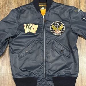 Ralph Lauren Double RL Navy Satin Bomber Jacket with Embroidered Patchwork